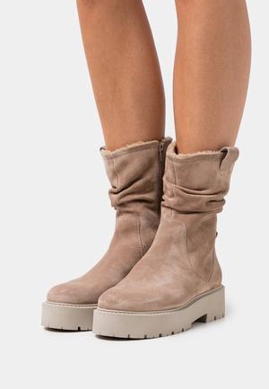 Women's Anna Field LEATHER Block heel platform Zip UP Boots Beige | DVSWKHI-53