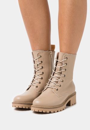 Women's Anna Field Lace up Block heel Zip UP Ankle Boots Beige | JQNEFDX-50