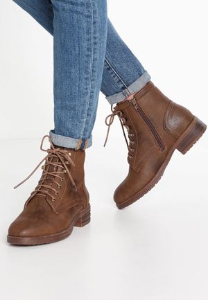 Women's Anna Field Lace up Block heel Zip UP Ankle Boots Brown | KXWNBMH-01
