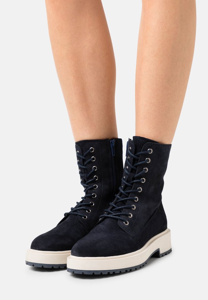 Women\'s Anna Field LEATHER Block heel platform Zip UP Ankle Boots Dark Blue | KJSDRNL-25