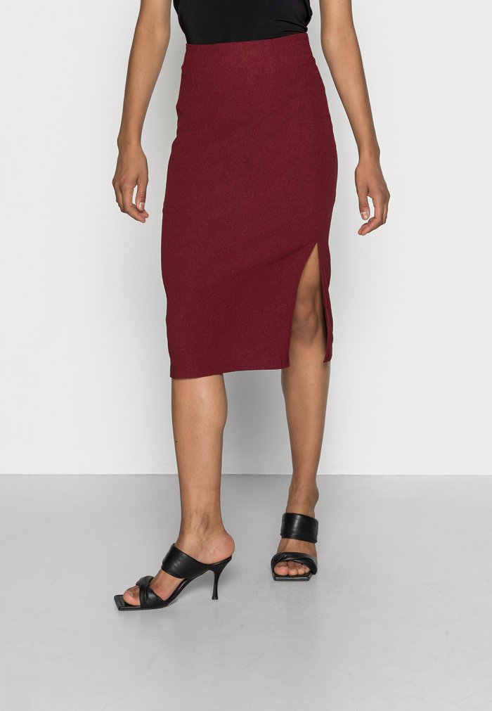 Women\'s Anna Field STRUCTURED FABRIC MIDI WAISTED PENCIL Mini Skirts Burgundy | HIMRABC-50